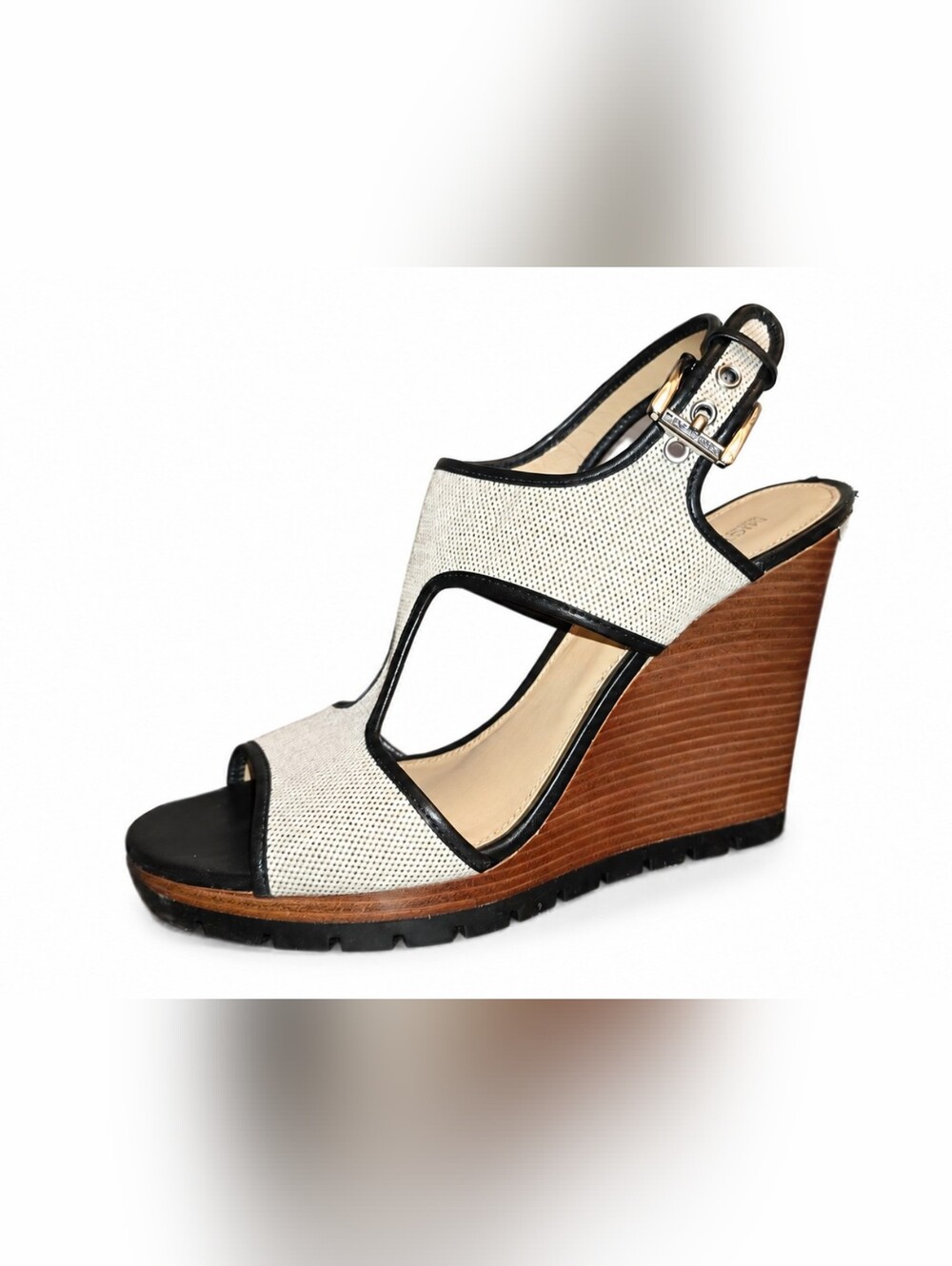 MICHAEL Michael Kors Gillian Wedge Sandals Size 10 Cream/Black Silver Buckle
